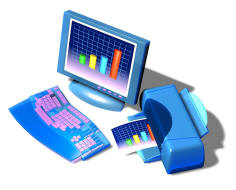 A computer monitor and printer with the screen showing a bar graph.